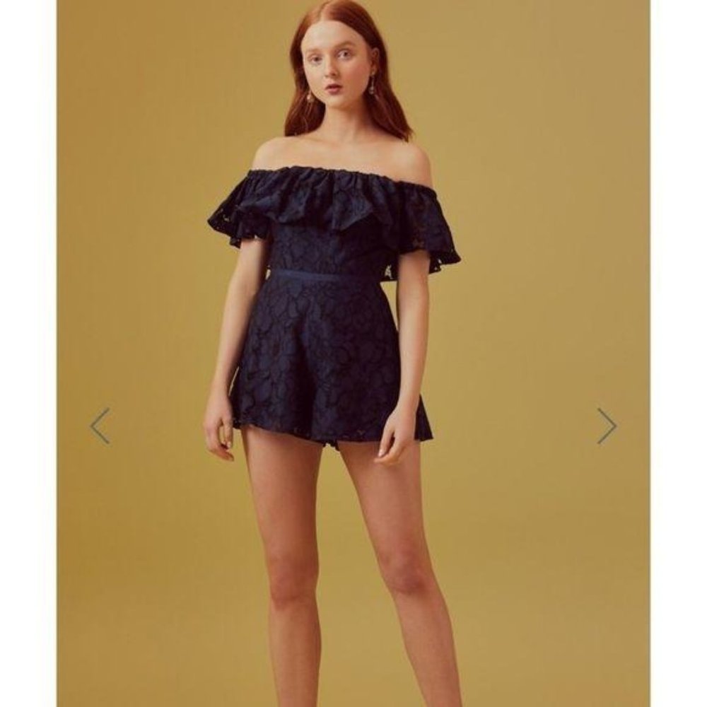 Keepsake Navy Honour Embroidered Lace Off Shoulder Romper Small